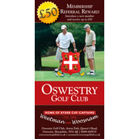 One of a series of flyers that use similar shades of different colours to unify the branding while maintaining a clear distinction between each flyer when viewed from a distance in a full display rack.